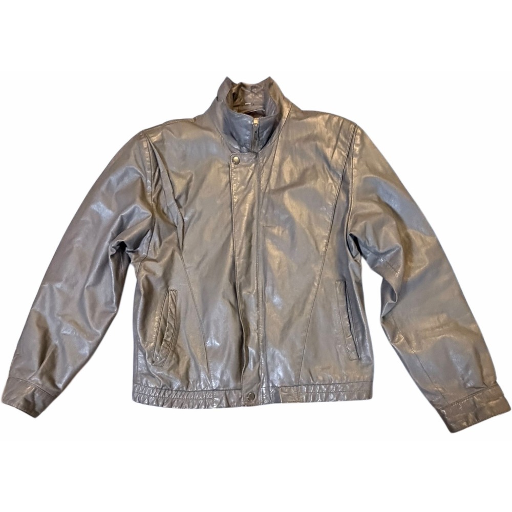 Vintage 90s Rage Gray Leather Bomber Jacket Women's Size‎ 42 Minimalist